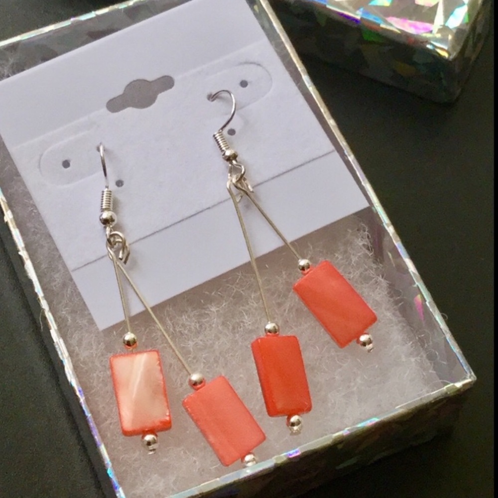 Silver Plated Rectangular Pink Earrings